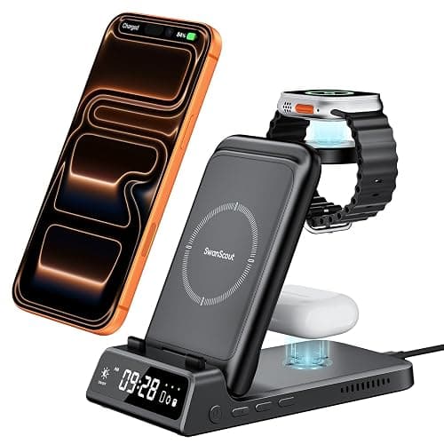 Charging Station for iPhone 17/Air, SwanScout 703A, Wireless Charger for iPhone 16/15/14/13/12/11 Series, for Apple Watch 11/10/Ultra 3/9/8/7/6/5/SE 2, for Airpods Pro 3/2, Foldable and Portable - Image 1