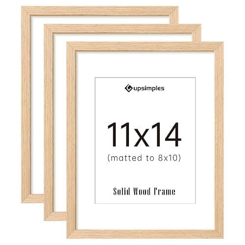 upsimples 11x14 Picture Frame Set of 3, Natural Solid Wooden Picture Frames, Display 8x10 with Mat or 11 x 14 Without for Vertical or Horizontal Wall Hanging - Image 1