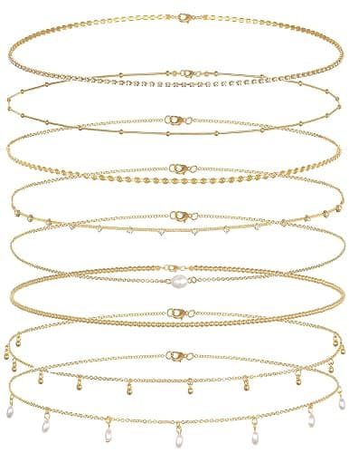 Tornito 8Pcs Waist Belly Chain CZ Heart Pearl Snake Bead Sequin Paperclip Belly Chain Summer Beach Sexy Body Chains Jewelry Accessories for Women Adjustable - Image 1