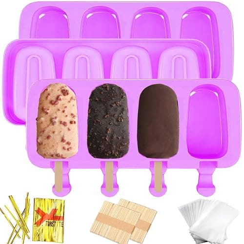 3pcs Large Silicone Popsicle Molds Set,BZIDII 4 Cavities Cake Pop Molds,Oval Ice Cream Bar Mold Ice Pop Cakesicle Molds Silicone with 100 Wooden Sticks & 100 Bags &100 Twist Ties(Purple) - Image 1