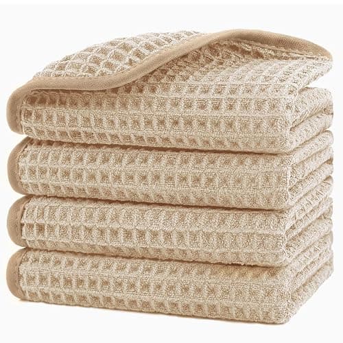 HOMEXCEL Beige Waffle Washcloths 4 Pack, Microfiber Face Towels for Bathroom, Lint Free, Highly Absorbent and Quick Dry Wash Cloths for Bathroom, Hotel, Spa, Gym, and Kitchen, Face Cloth, 12x12 Inch - Beige - 4 Pack Washcloths - Image 1
