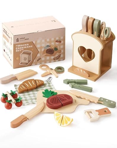 ROBUD 16pcs Kids Play Kitchen Knife Set - Wooden Cooking Playset, Montessori-Inspired Pretend Kitchen Toys for Toddlers, Role Play Gift for Boys and Girls - Image 1