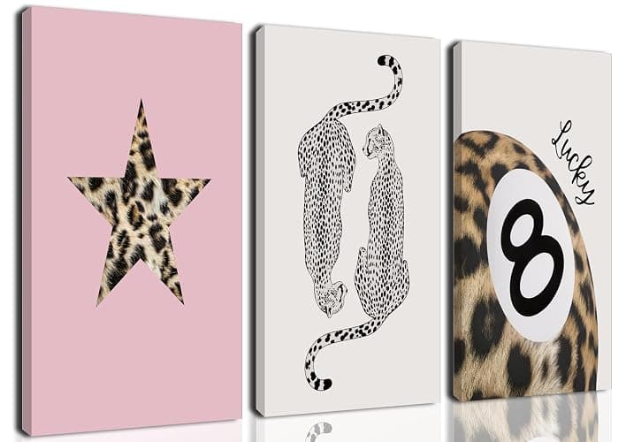Hwetui Trendy Leopard Canvas Wall Art Set of 3 Funky Lucky 8 Ball Posters Prints Preppy Room Aesthetic Painting Cheetah Wall Decor Pictures for Girls Bedroom Apartment Dorm 12x16 Inch Framed - Pink - Wrapped Canvas - 12x16Inch Canvas - Image 1