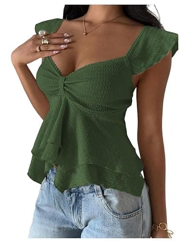 RoseSeek Women's Flowy Going Out Tank Top Sweetheart Neck Cap Sleeve Summer Ruffle Elegant Crop Tops - Image 1