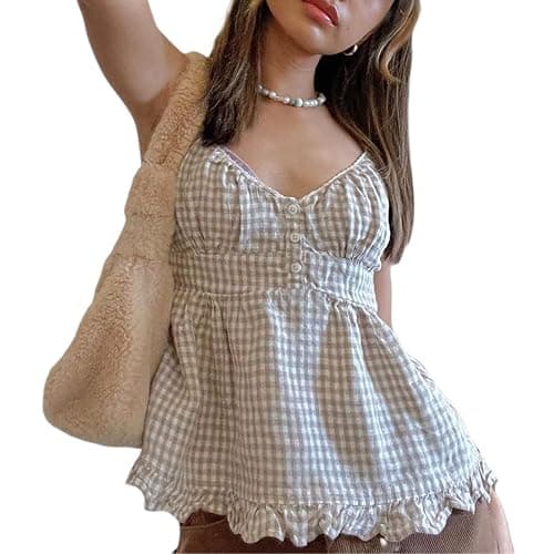 Women Y2k Babydoll Crop Peplum Camisole Cute Lace Ruffle Trim Low Cut Floral Gingham Spaghetti Strap Tank Going Out Top - Image 1