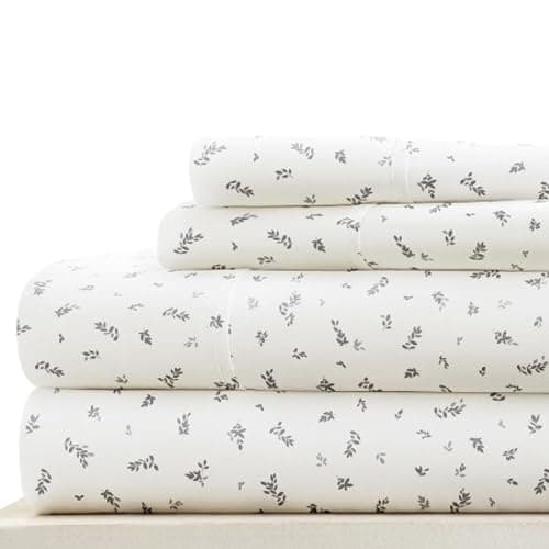 Linen Market Double-Brushed Patterned Microfiber Full Sheet Set 4 Piece – Oeko-TEX Certified Ultra Soft & Wrinkle-Free - 16" Deep Pocket Sheets - Easy Care Full Size - Spotted Leaves Light Gray - Image 1