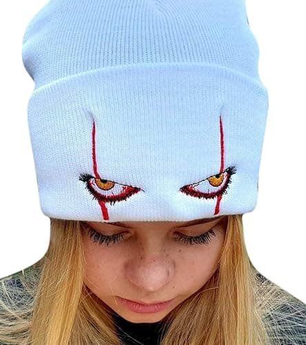 Suillty Unisex Winter Acrylic Knit Cuff Beanie Hat Clown Scary Eyes Embroidery Warm Winter Caps Halloween Hats for Adult Kids - Image 1