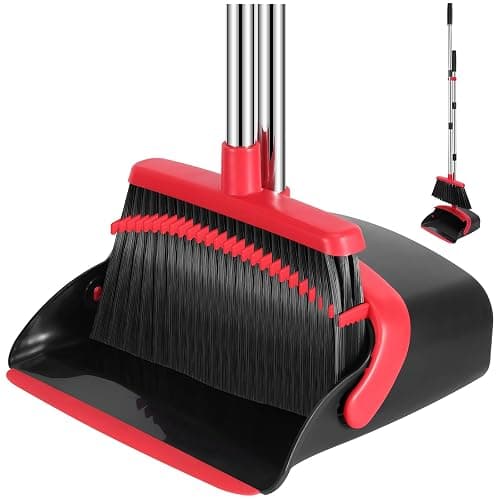 NACENA Broom and Dustpan Set, 52-in Long Adjustable Handle Broom Dustpan Combo with Dustpan Teeth to Automatically Clean Hair Suitable for Home Kitchen Office Hall Floor(Black&Red) - Medium - Black Red - Image 1