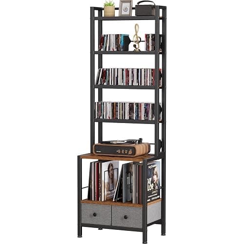 Epouseter 6-Tier DVD Shelf, Vinyl Record Storage Rack with Drawers | Industrial CD Storage Rack, Fits CDs, Books, and Albums, Media Tower Bookshelf for Living Room, Theater, 63 in Tall - Image 1