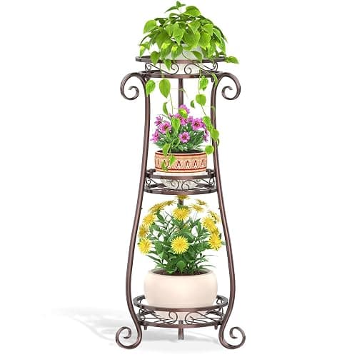 LASZOLA 3 Tier Bronze Metal Plant Stand for Multiple Large Planters Indoor Outdoor Organizer, Heavy Duty Tall Flower Stand for Corner Patio Bathroom Office, Modern Sturdy Vertical Iron Rack, Cat Proof - Image 1