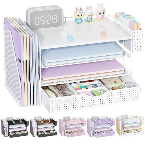 gianotter Wood Desk Organizers and Accessories with File Holder, 4-Tier Desk Accessories & Workspace Organizers with Drawer and Pen Holder, Desk Reference Organizer (White, 4T with Drawer) - Image 1