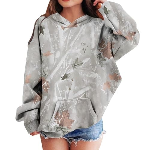 Camo Hoodie Kids Cute Hoodies Maple Leaf Print Oversized Drop Shoulder Fleece Hooded Sweatshirt Pullover With Pocket - Image 1