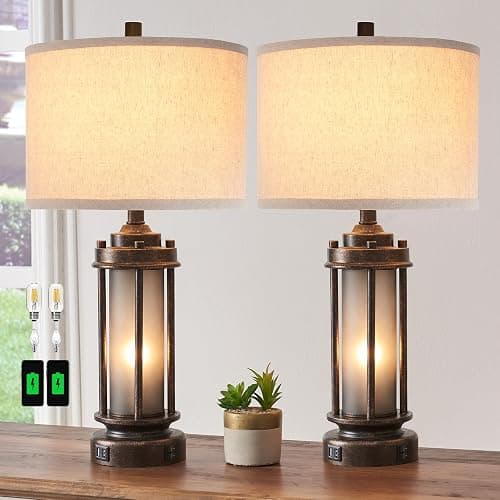 Set of 2 Farmhouse Lamps for Living Room, Rustic Vintage Bedroom Nightstand Table Lamp with 2 USB Charging Ports, Built-In Frosted Glass Night Light for End Table Entryway, 4 Bulbs Included (Bronze) - Farmhouse - Image 1