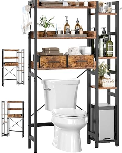 Over The Toilet Storage with 2 Drawers - 7 Tier Bathroom Organizer with Adjustable Shelf, Freestanding Space Saver Storage Rack Above Toilet Stand with 4 Hooks for Restroom, Laundry, Rustic Brown - Image 1
