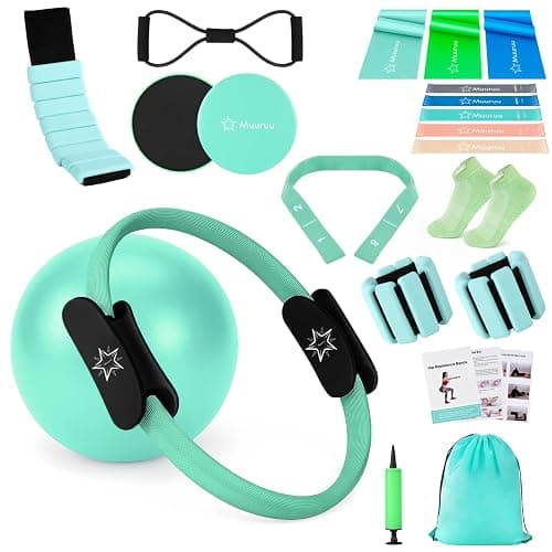 Pilates Equipment Kit for Home Workout, Pilates Ring and Ball Set for Women, 14'' Magic Circle Essentials Accessories Kit with Wrist Weights, Resistance Bands, Yoga Strap, Core Sliders, Socks, Bag - Image 1