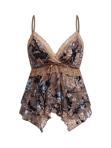 Verdusa Women's Y2K Tops Babydoll Summer Tank Tops Going Out Floral Lace Mesh Shirt Whimsical Clothes - Image 1