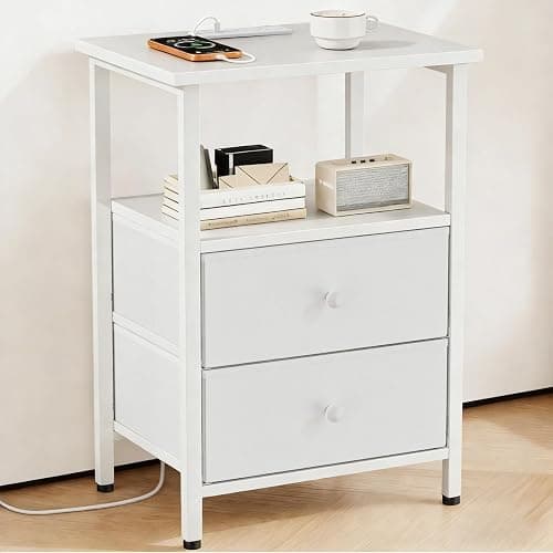 Smoproper Nightstand with Charging Station, Bedside End Table with 2 Fabric Drawers for Bedroom, Side Table with USB Ports and Outlets (White) - Image 1