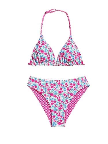RoseSeek Girl's 2 Piece Swimsuits Floral Gingham Halter Triangle Bikini | Wireless Bathing Suit, Teen Swimsuits, Bikinis For Girls, Cute Swimsuits For Teens, Beach, Vacation - Image 1