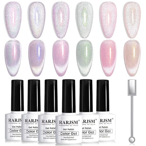 RARJSM Aurora Cat Eye Gel Nail Polish Set 6 Colors Velvet Silver Glitter Purple Pink Green Champagne Galaxy Star Cloud Ice Gel Polish with Magnet Stick UV LED Curing Requires Soak Off Home Salon - Image 1