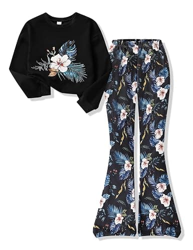 Voxikidio Girls 2 Piece Outfits Long Sleeve Butterfly Sweatshirt & Flared Pants Fall Clothing Set Size 7-12 Years - Image 1