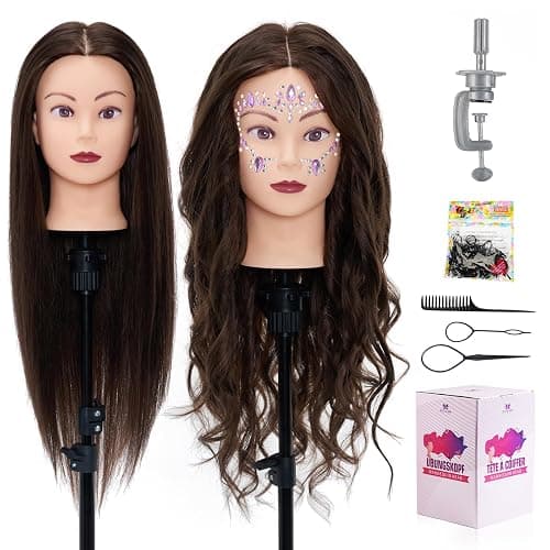 28" Mannequin Head Human Hair, Mannequin Head with 80% Real Hair,Cosmetology mannequin Doll head for hair Styling,Training Practice Braiding Manikin head with Table Clamp,Hair Styling Set #4 - Image 1