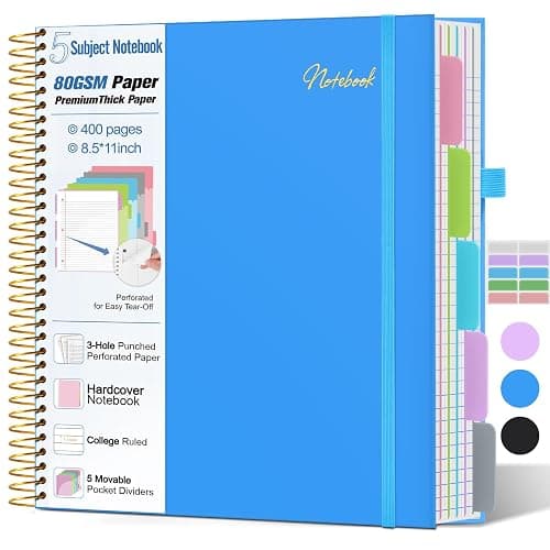 5 Subject Notebook College Ruled,80GSM Paper Thick Hardcover Spiral Notebook Lined Journal with Removable Dividers Tabs,400pages 8.5"x11" Paper Large Notebooks for School Work,3-Hole Punched, Blue - Image 1
