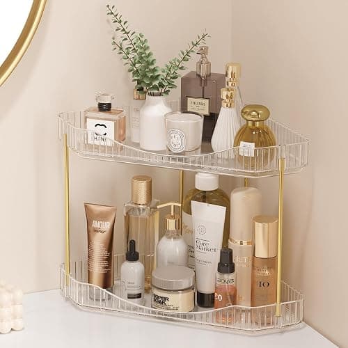 Lifewit 2-Tier Corner Bathroom Counter Organizer, Plastic Makeup Skincare Organizers Storage Countertop, Sink Vanity Trays Perfume, Cosmetic Shelf in Bedroom, Dresser, Kitchen (Clear) - Image 1