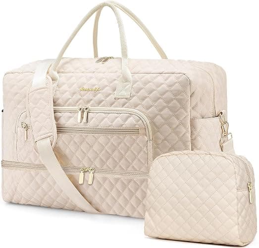 Weekender Overnight Bag Women: Large Travel Duffle Bag with Shoe Compartment & Wet Pocket Carry On Tote Bag Gym Duffel Bag with Toiletry Bag Bag for Hospital Beige - Image 1