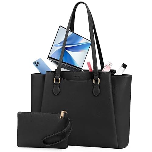 RAINSMORE Laptop Bags for Women 15.6 Inch Work Tote Bags Womens Laptop Purse Waterproof PU Leather Laptop Briefcase for Office Computer Bag Women Travel Handbag, Black - Image 1