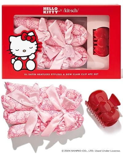Hello Kitty x Kitsch XL Satin Heatless Curling Set- Heatless Hair Curler To Sleep In for Frizz-Free & Soft Curls, Comes with Bow Shape Design Hair Claw and Satin Scrunchies, Gifts for Women, 4pc Set - Image 1