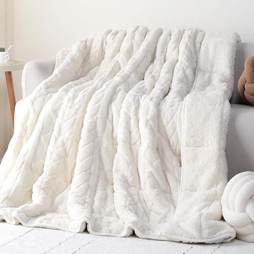 Cottonblue Jacquard Weighted Blanket 15lbs for Adults Queen Size, Ultra Soft Cozy Comfort Sherpa Blanket for Relax and Sleep, Heavy Bed Blankets with Cemaric Beads, 60x80 Inches, Cream White - Image 1
