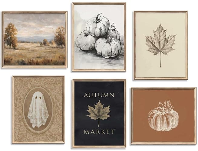 6Pcs Fall foison Pumpkin Wall Art Retro Country Autumn Maple Leaf Poster Prints Halloween Ghost Canvas Picture Wall Decor for Autumn Gallery Living Room Bedroom 8x10in Unframed - Image 1
