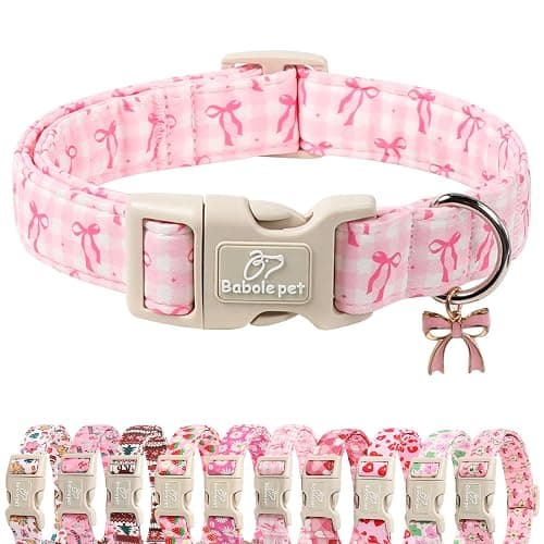 Babole Pet Girl Dog Collar for Small Dogs - Cute Pink Plaid & Bow Print Spring/Summer Puppy Collar, Soft Adjustable Holiday Female Dog Collars with Quick Release Buckle S - Image 1