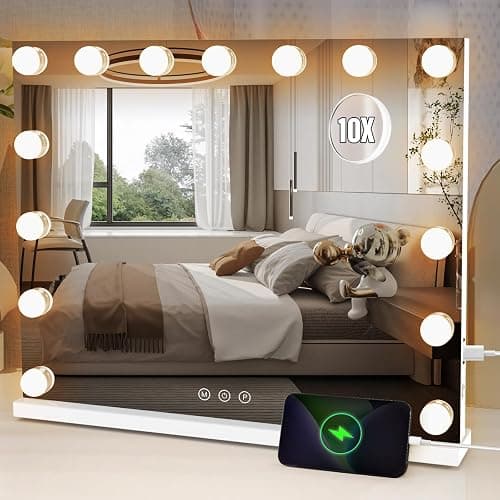 Lighted Makeup Mirror 19" L x 23" Light Hollywood Mirror with Detachable 10X Magnification Hollywood Vanity Mirror with Lights Smart Touch Control Hollywood Lighted Mirror with 15 LED Bulbs 3Colors - Image 1