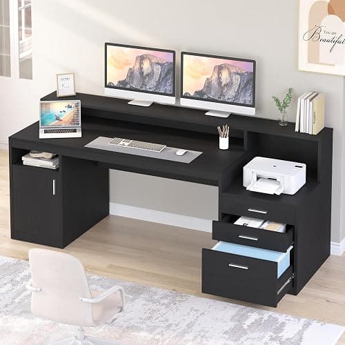 YOMILUVE Computer Desk with 3 Drawer & Storage Shelves, Home Office Desk with File Drawer & Cabinet, Writing Study Table with Long Monitor Stand & Printer Shelf, Executive Desk, Black - Image 1
