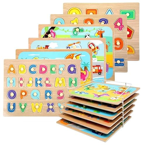 Wood City Toddler Puzzles and Rack Set, Wooden Peg Puzzles Bundle with Storage Holder Rack, Educational Knob Puzzle for Kids Age 3 4 Years - Alphabet Number Shape Dinosaur Animal Vehicle - Classic - Image 1