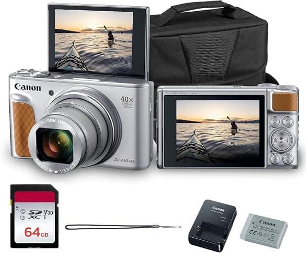 Canon PowerShot SX740 HS Digital Camera (Silver) – 20.3MP, 40x Optical Zoom, 4K UHD Video, Wi-Fi & Bluetooth, Compact Travel Point & Shoot (2956C001) + Shoulder Bag + 64GB Memory Card - Image 1