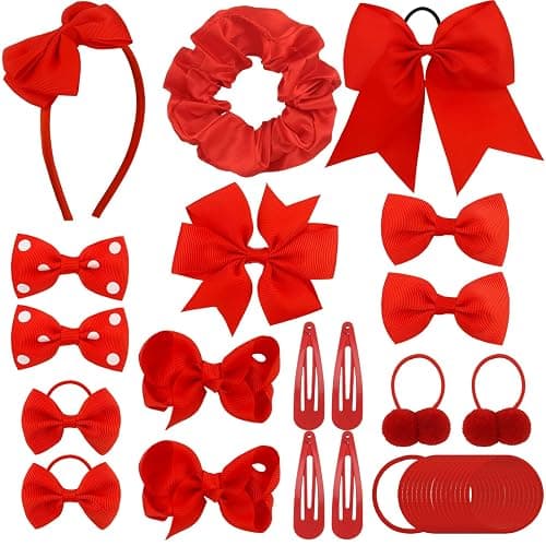 Radsocken 48Pcs Girls School Red Hair Accessories Kit Red Bow Hair Clips Headband Ponytail Holder Elastics Bands Ribbon Hair Barrettes Hair accessories for girls Birthday Gift - Image 1