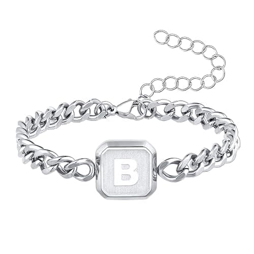 Valentines Day Gifts for Him - Initial Cuban Link Bracelet for Mens Bracelet Squre A-Z Letter Adjustable Size Stainless Steel Men Jewelry Birthday Christmas Gifts for adults him Husband Dad Brother Son - Image 1