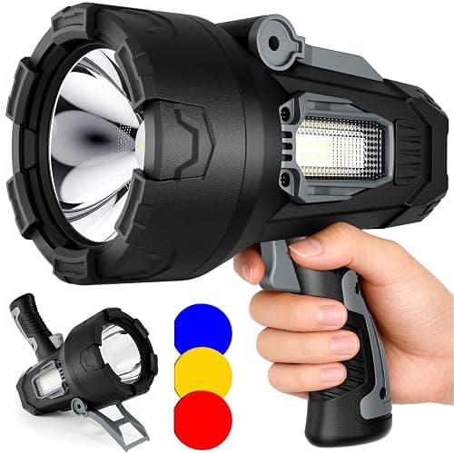 Rechargeable Spotlight 200000 Lumens, Waterproof Super Bright Spotlight Flashlight, LED Spotlights with 3 Color Lenses and Foldable Stand, Long Runtime Large Handheld Spot Light for Outdoor Boating - Image 1