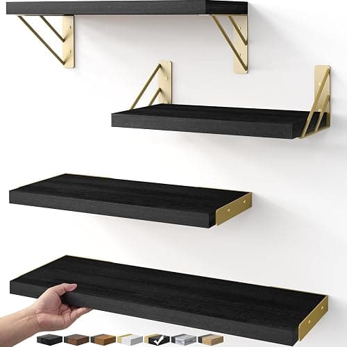 BAYKA Floating Shelves for Bedroom Decor, Wall Shelves for Storage, Wall Mounted Rustic Wood Floating Shelf for Books,Corner Shelf for Bathroom,Kitchen,Living Room(Black and Gold,Set of 4) - Image 1