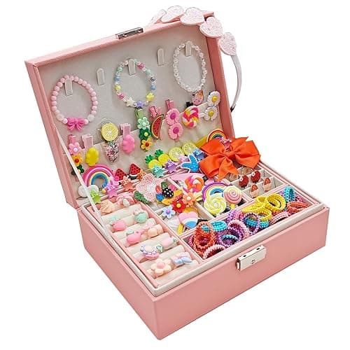 Jewelry Box with Hair Accessories for Girls, Hair Clips/Barrettes/Hair Ties/Bows/Toy Rings/Bracelets/Earrings/Hair Ropes/Hair Elastics, Gift Toys for Teen, Girls aged 4 5 6 7 8-12 - Image 1