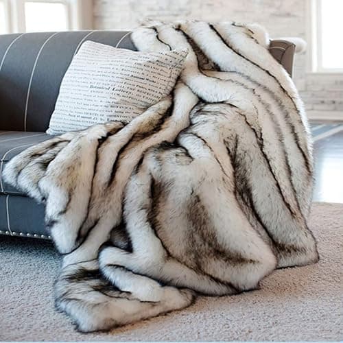 Soft Fuzzy Faux Fur Throw Blanket, Luxury Wolf White with Black Tipped Blankets, Long Shaggy Blanket, Cozy, Fluffy, Plush Sherpa Fleece Blanket, Throws for Decoration, for Couch, Bed, Sofa-23.6×59 - Image 1