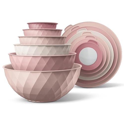 COOK WITH COLOR Mixing Bowls with Lids - 12 Piece Plastic Nesting Bowls Set includes 6 Prep Bowls and 6 Lids, Diamond Design - Microwave Safe, Pink - Image 1