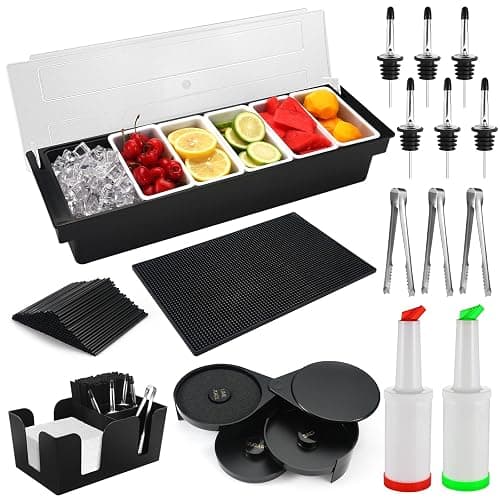 Bartending Supplies - 18" x 12" Bar Mat Garnish Tray with Lid Bar Caddy 3 Tier Bar Glass Rimmer, 2 Plastic Juice Pour Bottles 3 Mini Tongs 12 Classic Liquor Bottle Pourers 500 Cocktail Straws(Black) - Image 1