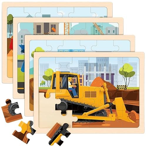 Wooden Puzzles for Kids Ages 4-6, 4 Packs 24 PCS Construction Vehicle Jigsaw Puzzles for Kids Ages 3-5, Preschool Educational Puzzles Boards Toys Gifts for Boys Girls - Image 1