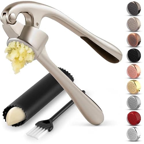 Zulay Kitchen Premium Garlic Press Set - Rust Proof Professional Garlic Mincer Tool - Easy-Squeeze, Easy-Clean with Soft, Ergonomic Handle - Silicone Garlic Peeler & Brush (Silver) - Image 1