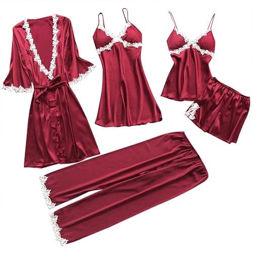 Women's 5 Piece Sleepwear Floral Lace Satin Cami Pajama Set Silk Dress Nightgown with Robe Loungewear Nightwear Sets - Image 1