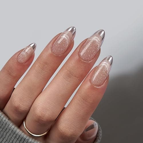 BTArtbox Press On Nails, Silver Storm, Medium Almond, French Tip, 30Ct | Lamp-Curable 4-Week Wear, Salon-Quality Natural Nails, 10-Minute Easy Daily Application, 16 Sizes, All-in-One Complete Kit - Image 1