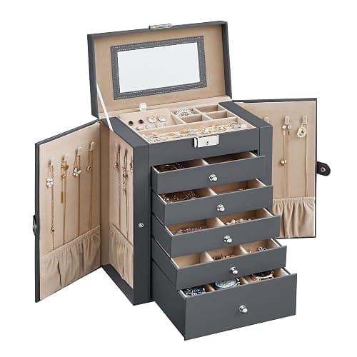 SONGMICS Jewellery Box 6 Tiers, Jewellery Case with 5 Drawers, Large Storage Capacity, with Mirror, Lockable, Jewellery Storage Organiser, Gift for Loved Ones, for Watches, Grey JBC152G01 - Image 1